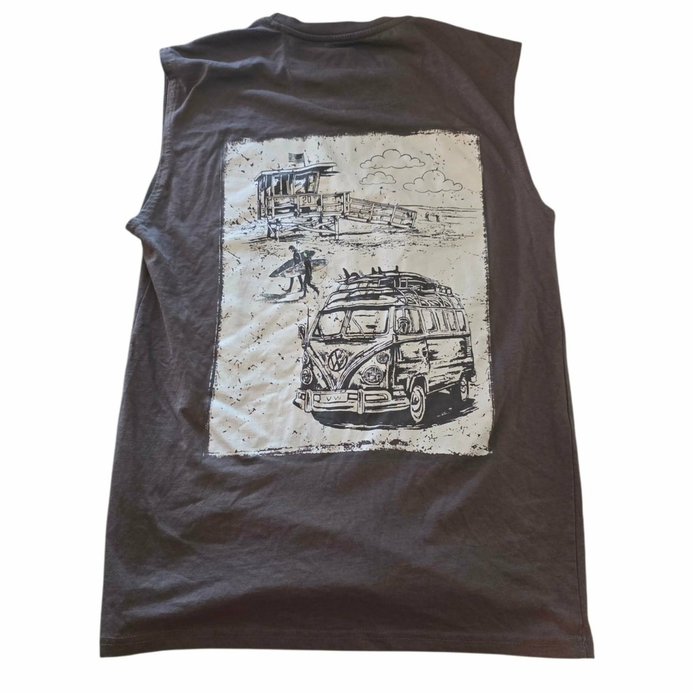 Volkswagen Road Trip T-Shirt Sleeveless Original Bus Beach Surfing Gray Medium